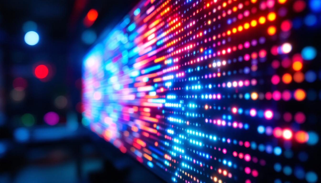 A photograph of a vibrant led matrix panel displaying dynamic visuals or text in a darkened environment