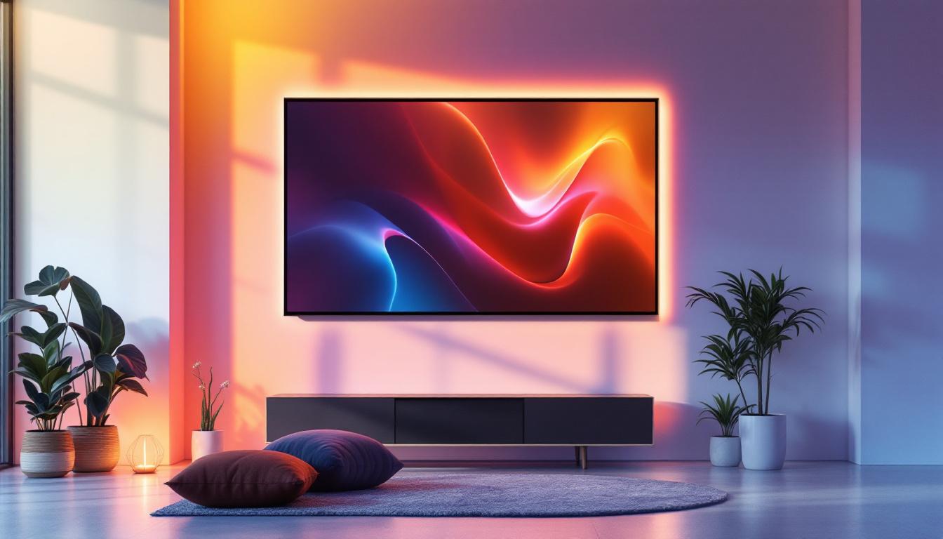 A photograph of a vibrant and modern interior space featuring an eye-catching led display panel on the wall