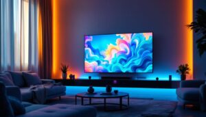 A photograph of a modern living room setup featuring multiple led tvs seamlessly integrated to display a single cohesive image