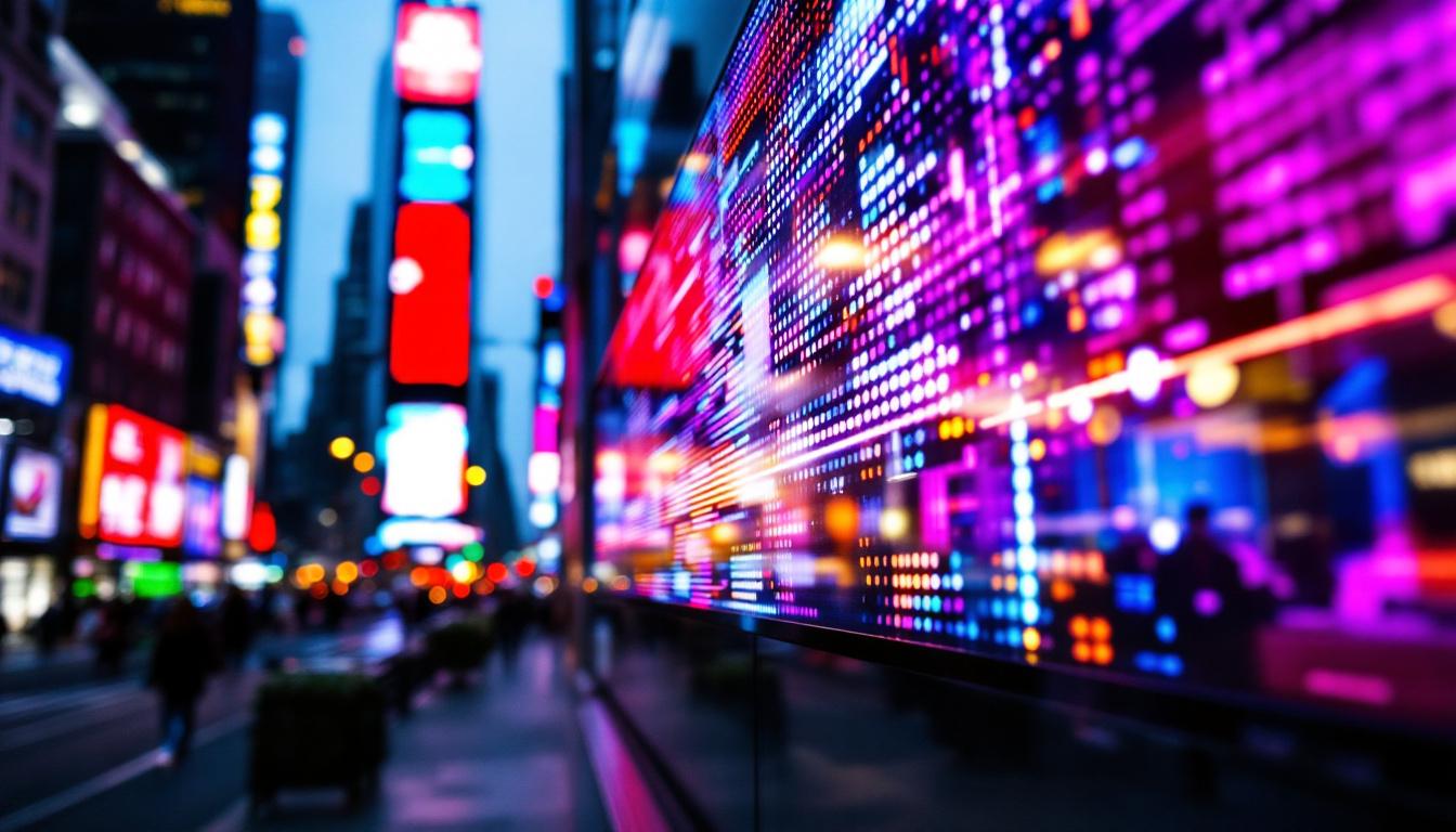 A photograph of capture a photograph of a vibrant led display in a bustling new york city setting