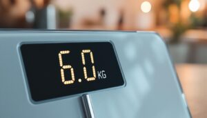 A photograph of a digital scale displaying the conversion of 6.0 pounds to kilograms