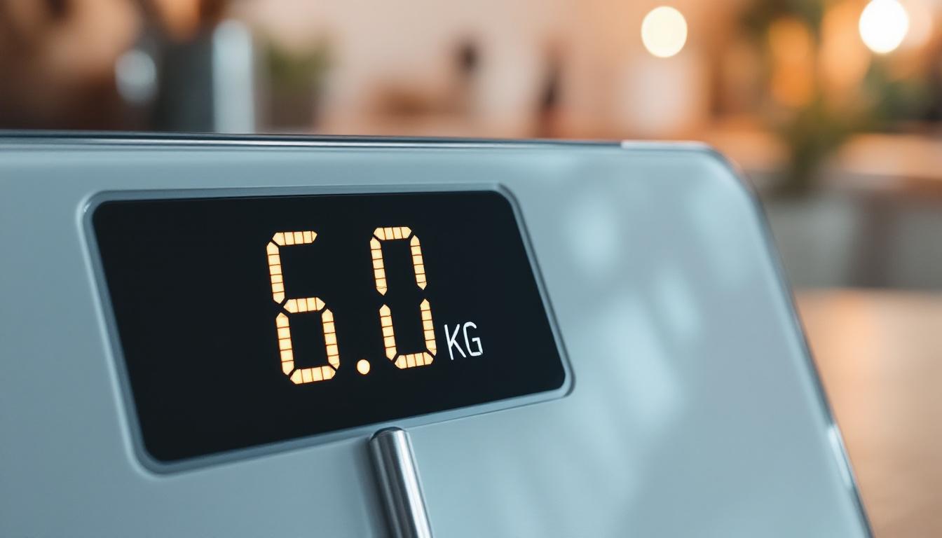 A photograph of a digital scale displaying the conversion of 6.0 pounds to kilograms