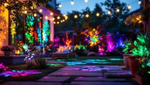 A photograph of a vibrant outdoor scene showcasing various led projection lights illuminating a garden or patio