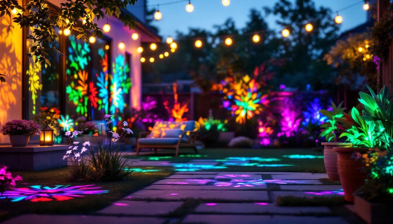 A photograph of a vibrant outdoor scene showcasing various led projection lights illuminating a garden or patio