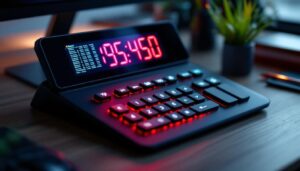A photograph of a sleek extra-large desk calculator with a clear led display
