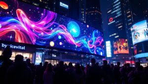 A photograph of a vibrant led display in an urban setting at night
