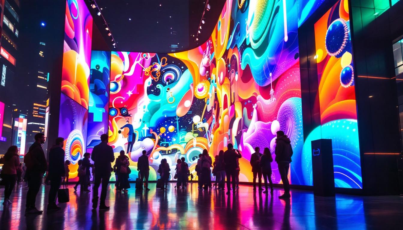 A photograph of a vibrant led display in a dynamic setting