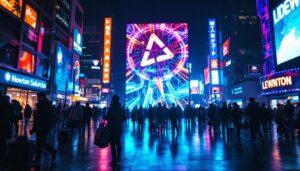 A photograph of capture a photograph of a vibrant led display in a bustling urban setting