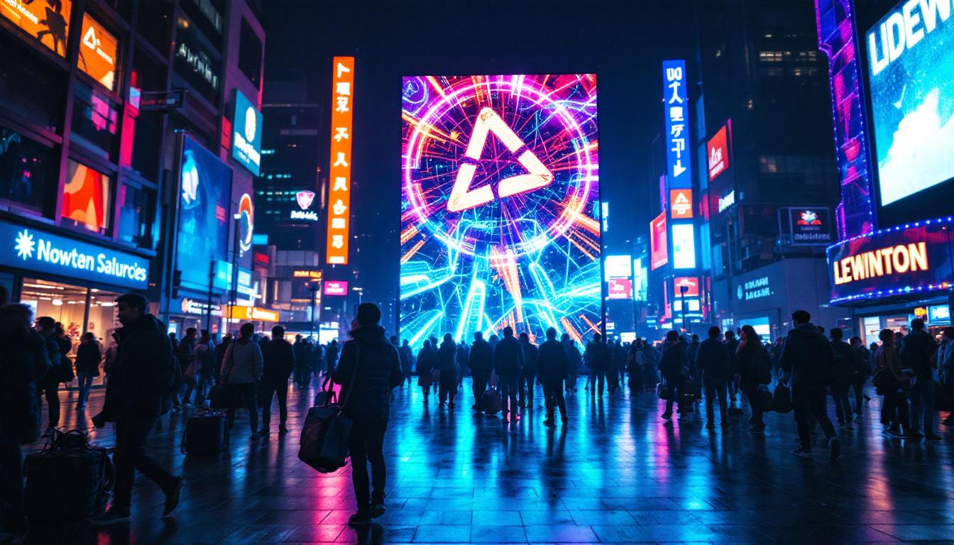A photograph of capture a photograph of a vibrant led display in a bustling urban setting