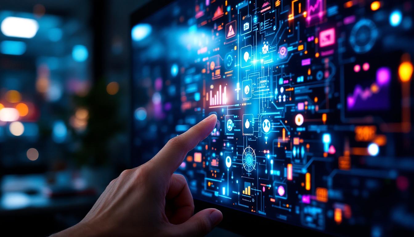 A photograph of a large android touch screen displaying vibrant led graphics