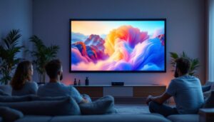 A photograph of a modern indoor setting featuring a high-quality led projector screen in use