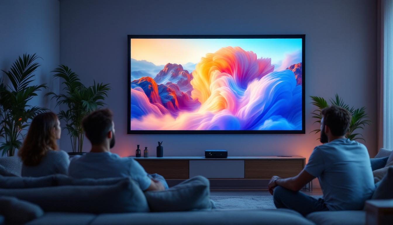 A photograph of a modern indoor setting featuring a high-quality led projector screen in use