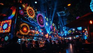 A photograph of a vibrant brewery illuminated by colorful led lights at night