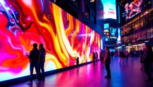 A photograph of a vibrant led display in a bustling urban setting