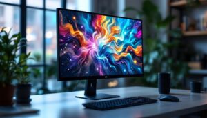 A photograph of capture a photograph of a sleek 22-inch smart monitor displaying vibrant