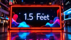 A photograph of a visually striking led display showcasing a conversion of 1.5 meters to feet