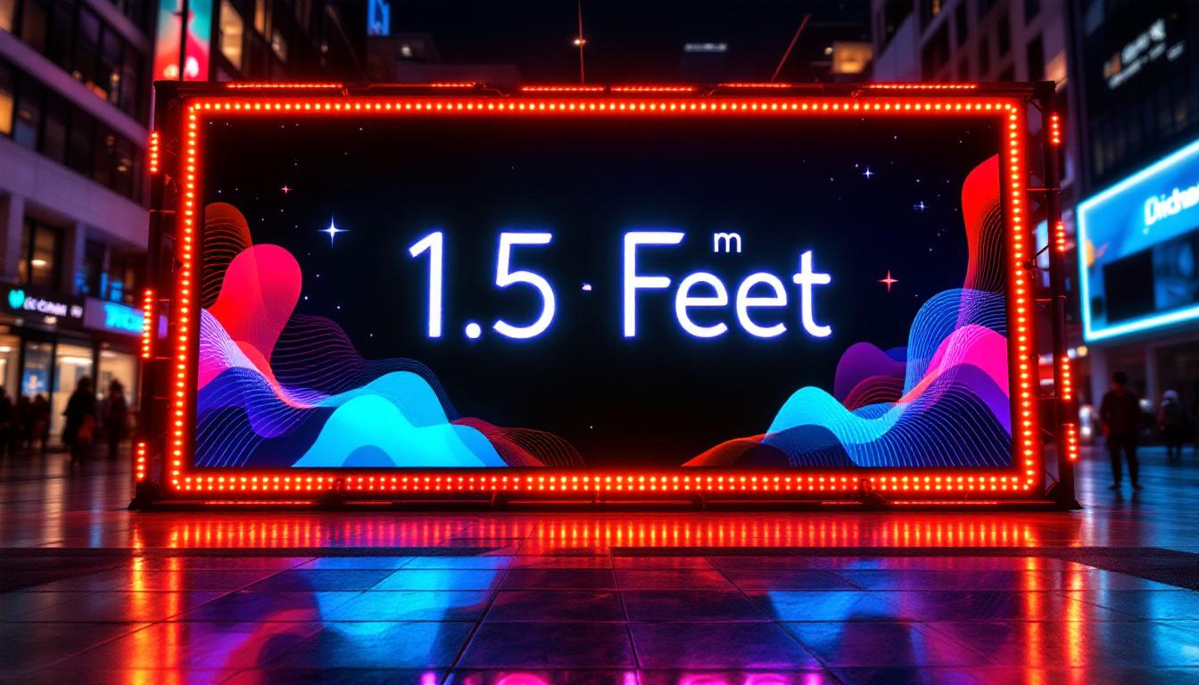 A photograph of a visually striking led display showcasing a conversion of 1.5 meters to feet