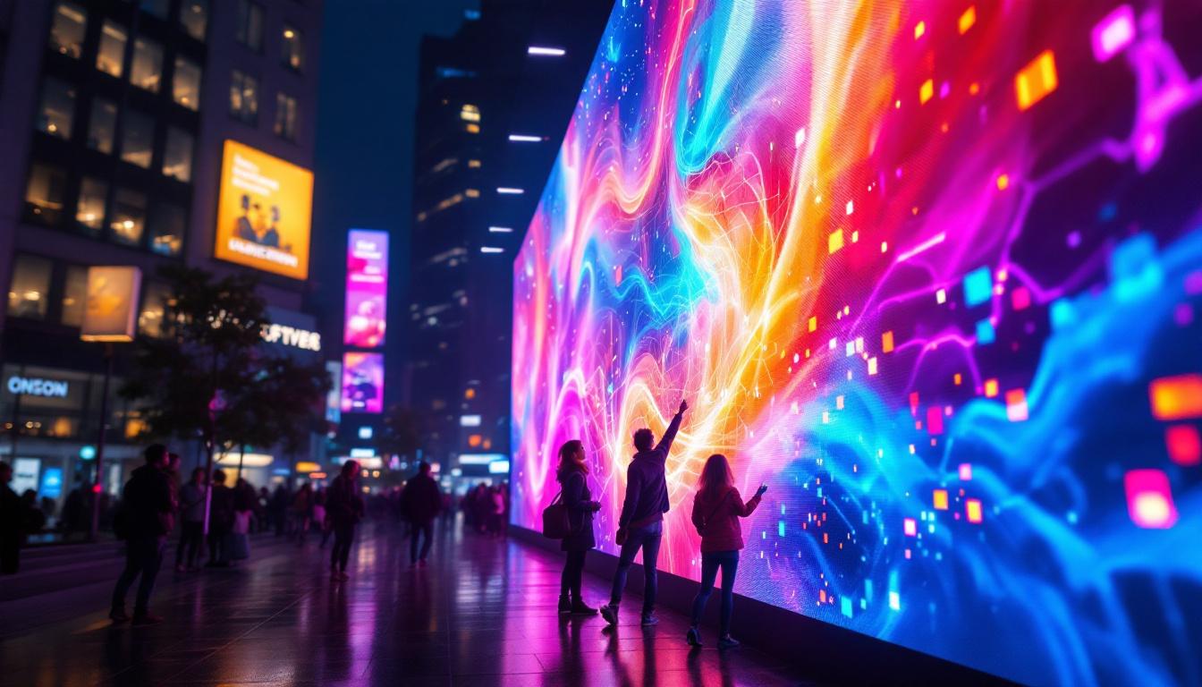 A photograph of a vibrant led display in an urban setting