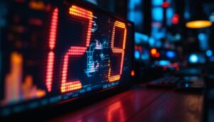 A photograph of a vibrant led display showcasing the numbers 12 and 9 prominently