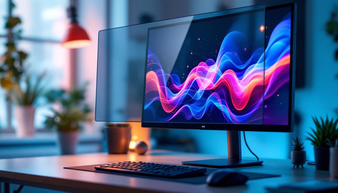 A photograph of a sleek 24-inch led monitor displaying vibrant graphics