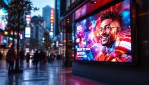 A photograph of a vibrant digital led sign board displaying dynamic graphics and text in an urban setting