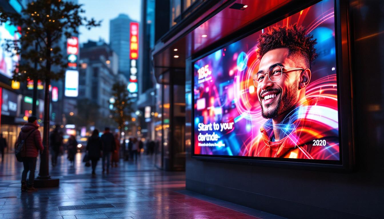 A photograph of a vibrant digital led sign board displaying dynamic graphics and text in an urban setting