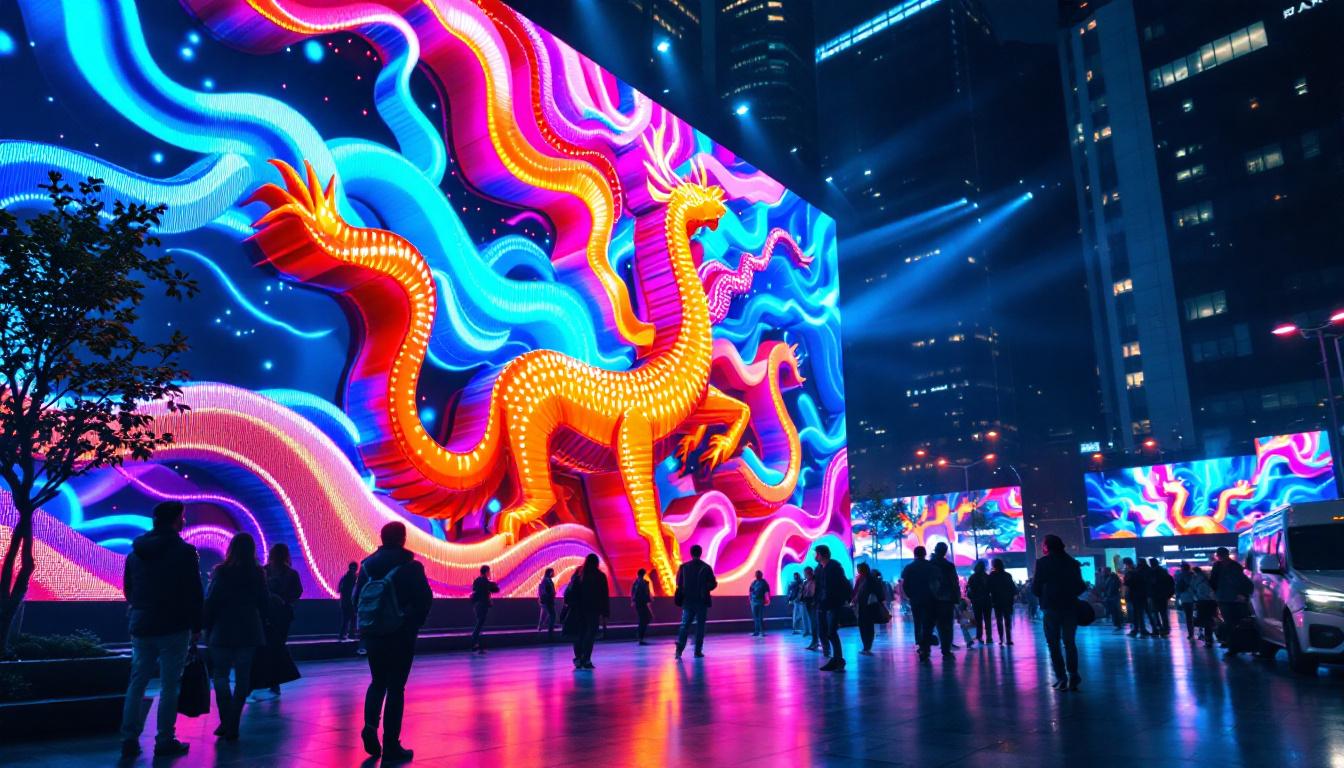 A photograph of a vibrant led display in a dynamic urban setting