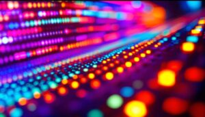 A photograph of a close-up shot of a vibrant led display in action