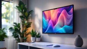 A photograph of capture a photograph of a sleek all-in-one pc with a touch screen mounted on a wall in a modern home or office setting