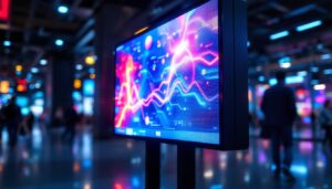 A photograph of a vibrant digital lcd board displaying colorful graphics or information in a dynamic setting
