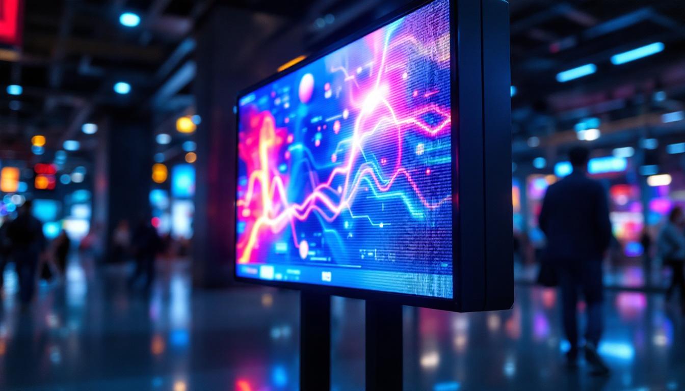 A photograph of a vibrant digital lcd board displaying colorful graphics or information in a dynamic setting