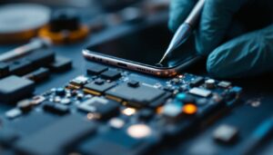 A photograph of a close-up view of a smartphone or tablet screen being repaired