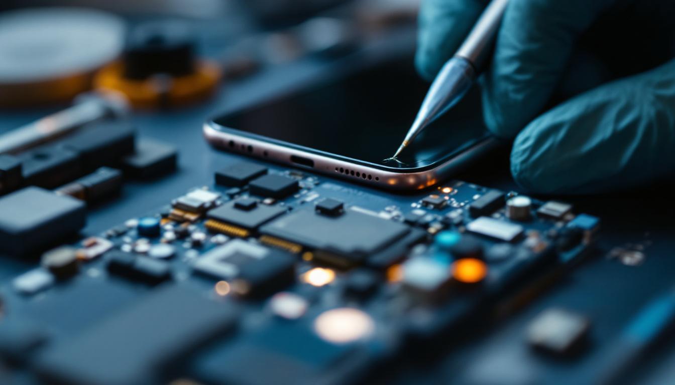 A photograph of a close-up view of a smartphone or tablet screen being repaired