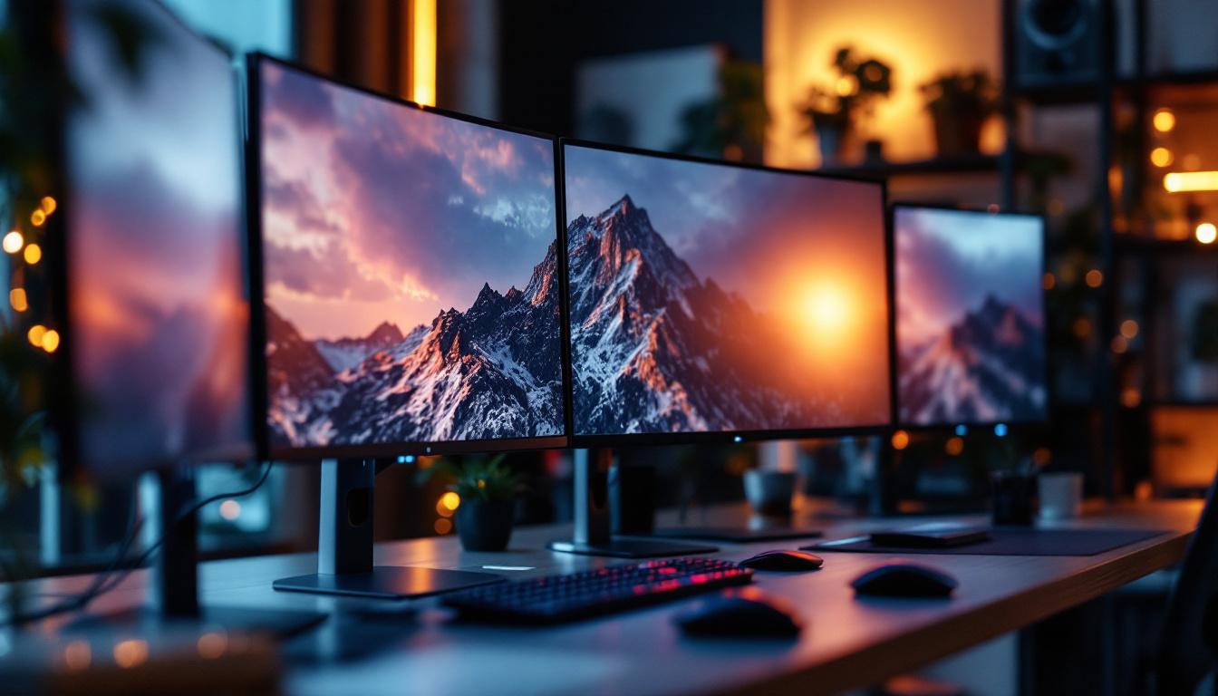 A photograph of capture a photograph of a modern workspace featuring multiple monitor stands with led displays
