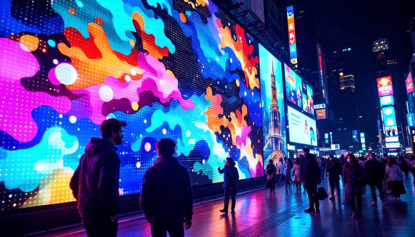 A photograph of a vibrant led display in a bustling urban environment