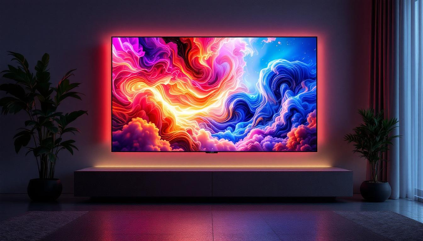 A photograph of a sleek led display showcasing vibrant visuals
