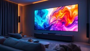 A photograph of a high-quality led projector screen in a home theater setting