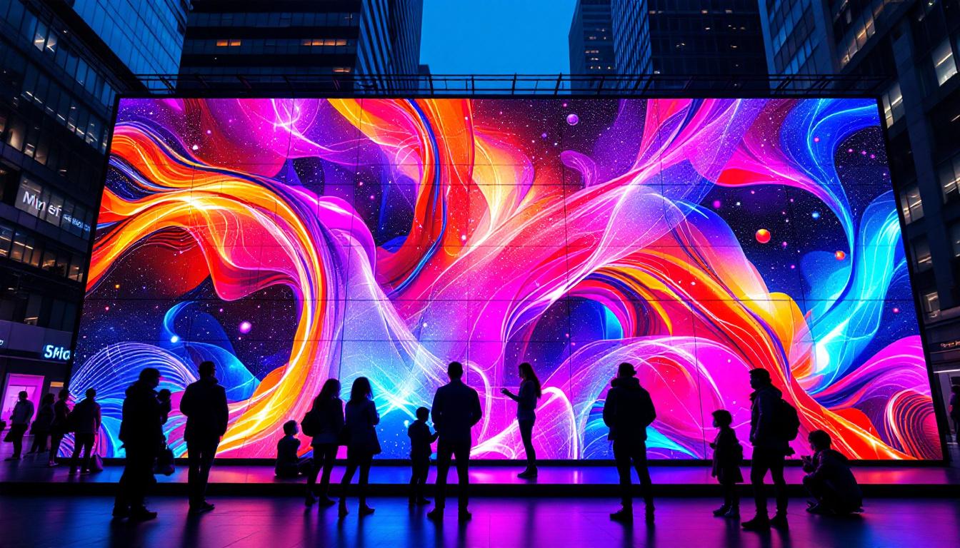 A photograph of a vibrant led display wall in an urban setting