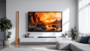 A photograph of a modern living room setup featuring a large led display on the wall