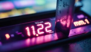 A photograph of a close-up shot of a ruler or measuring tape alongside an led display screen