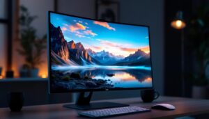 A photograph of a sleek portrait monitor displaying vibrant
