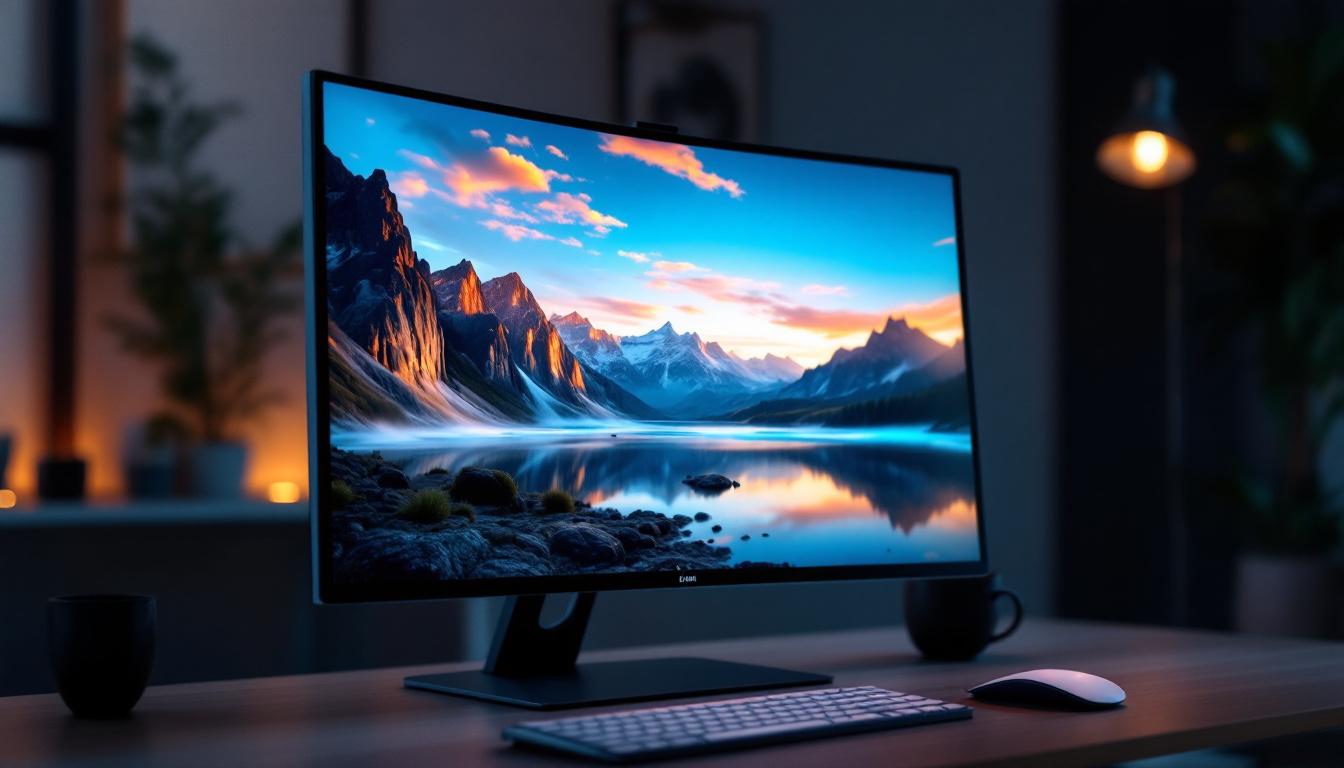 A photograph of a sleek portrait monitor displaying vibrant