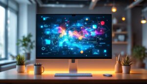 A photograph of a sleek touchscreen monitor displaying vibrant led graphics