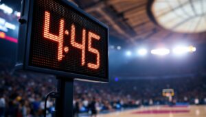 A photograph of capture a photograph of a vibrant led scoreboard displaying a shot clock in a dynamic sports setting