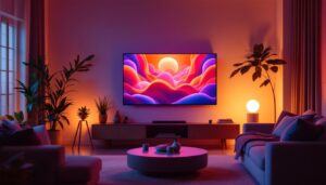 A photograph of a modern living room setup featuring a sleek led tv displaying vibrant visuals
