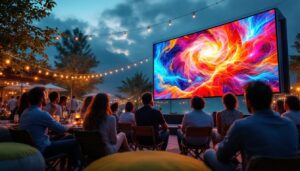 A photograph of a vibrant outdoor setting featuring a high-quality led tv screen displaying vivid imagery