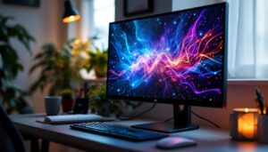 A photograph of a second-hand lcd monitor displaying vibrant led visuals in a cozy