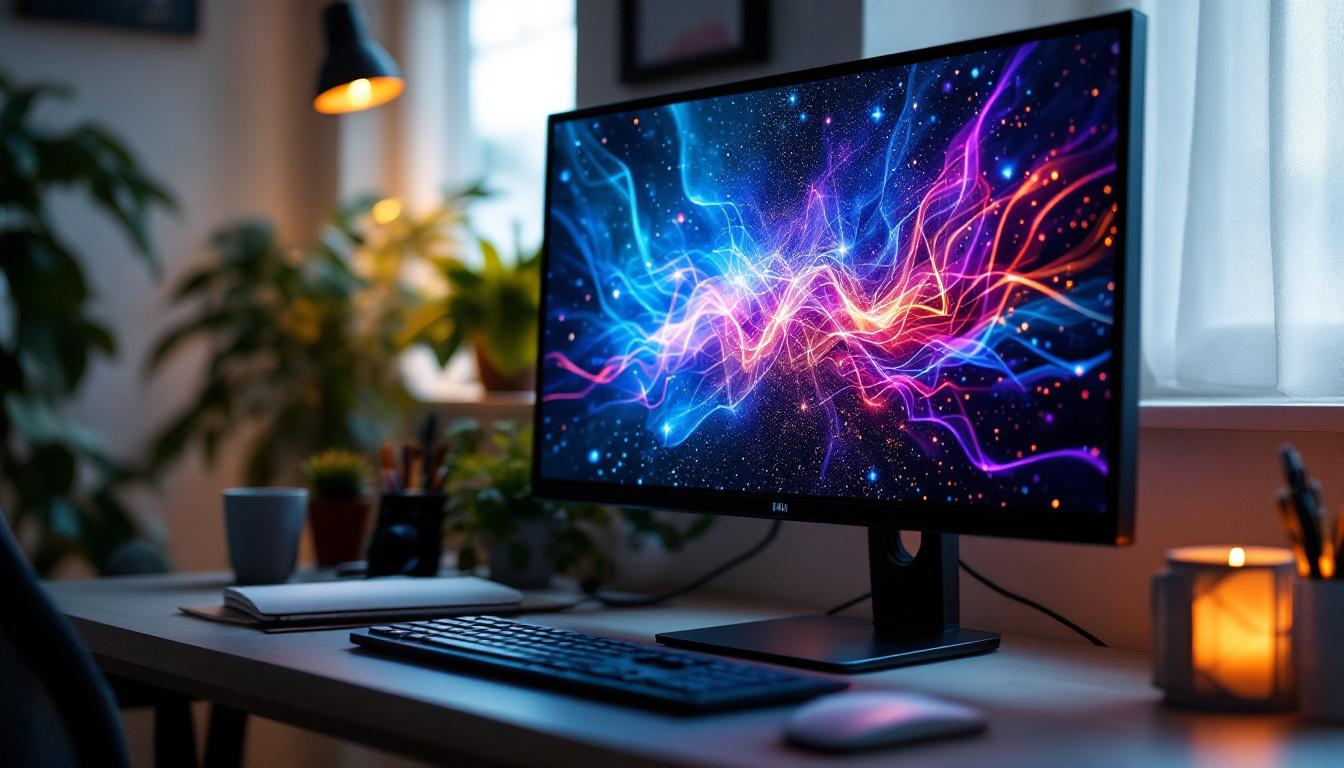 A photograph of a second-hand lcd monitor displaying vibrant led visuals in a cozy