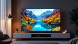 A photograph of capture a photograph of a sleek 46-inch led flat-screen television displaying vibrant colors and sharp images in a modern living room setting