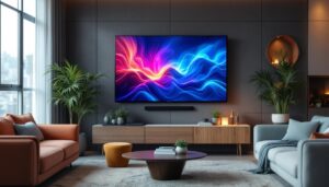 A photograph of a stylish living room featuring a sleek led tv mounted on the wall